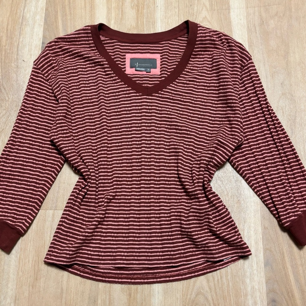 Pink and Burgandy Anthropologie Striped Top with Cropped Sleeves and V-neck